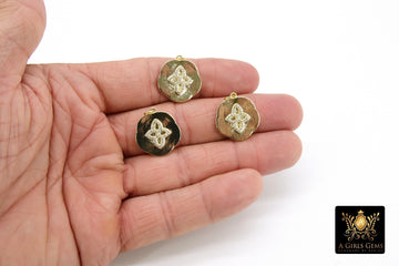 Star Disc Charms, CZ Pave Gold Round Starburst Pendants, Cross